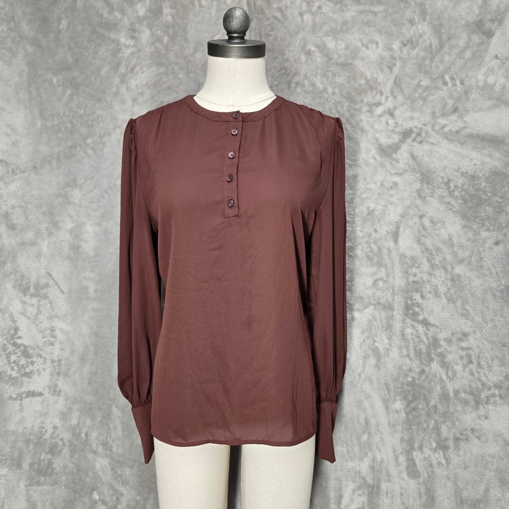 Ann Taylor Women Brown Long Sleeve Button‎ Neck Blouse Size Small Career Sheer